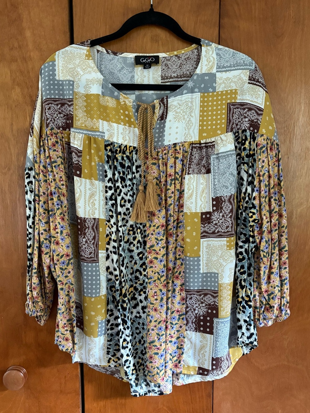 GiGiO Long Sleeve Colorblock Mixed Pattern Tassel Tie Blouse Size Large EUC